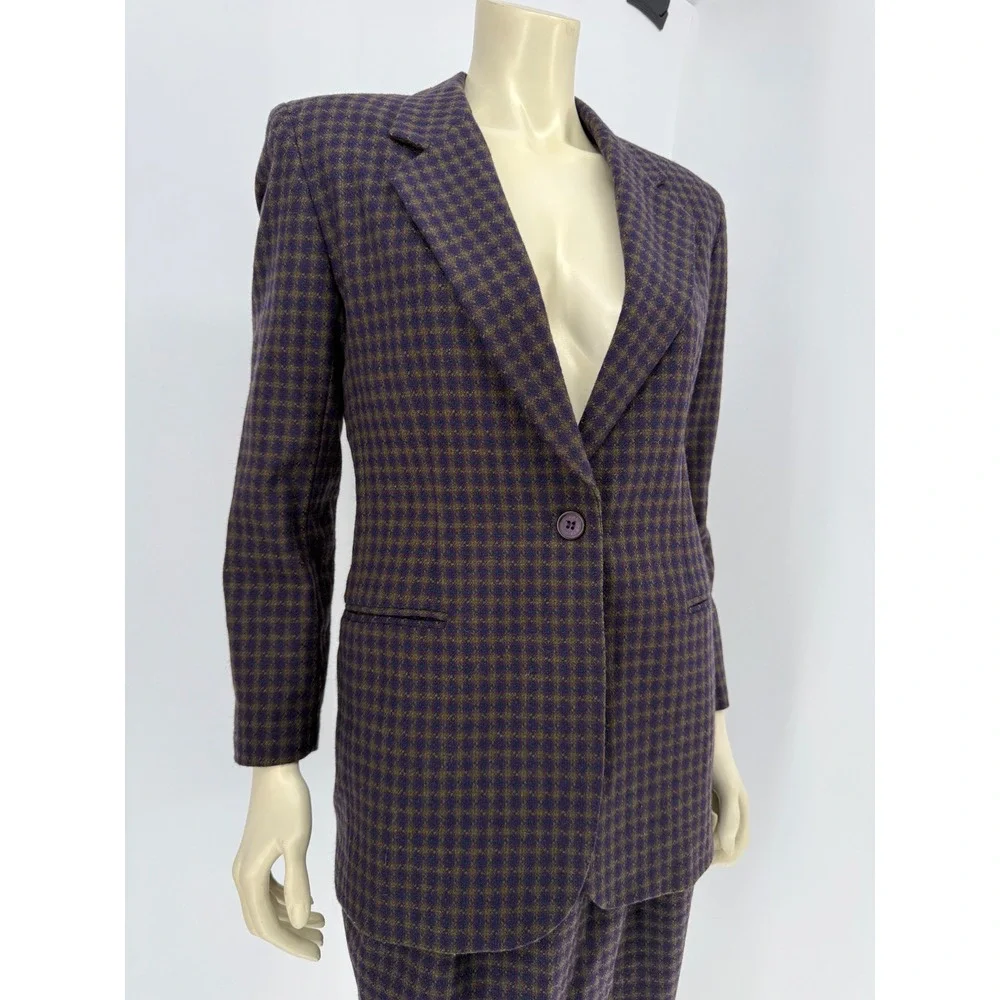 Leslie Faye Sportswear Vintage‎ Wool Blend Skirt Suit Purple Check 8 Petite